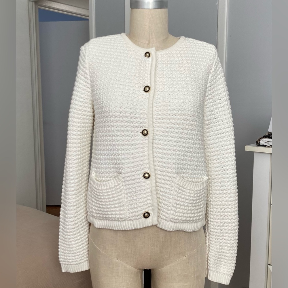 Womens Aqua white textured cardigan w/ gold/black buttons in size S